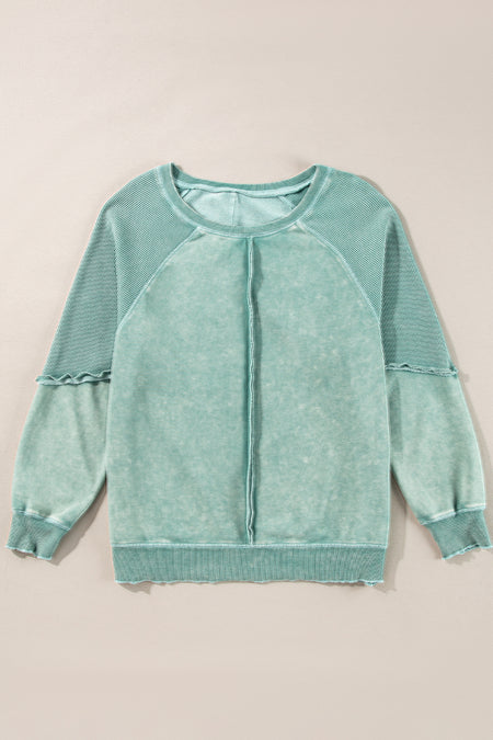 Solid Waffle Knit Patchwork Raglan Sleeve Sweatshirt