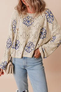 Flower Print Eyelet Drop Shoulder Sweater