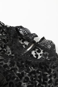 Black Leopard Mesh Splicing Ruffle Long Sleeve Blouse