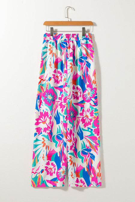 Rose Red Boho Flower Print Loose Wide Leg Pants