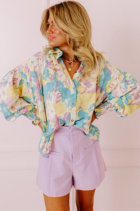 Allover Print Shirred Cuff Oversized Shirt