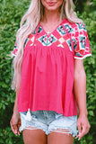 Embroidered Tassel Tie V Neck Blouse