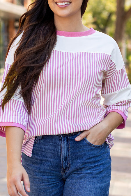 Striped Patchwork 3/4 Sleeve Oversize Top