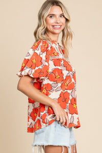 Floral Bubble Sleeve Frill Neck Loose Blouse