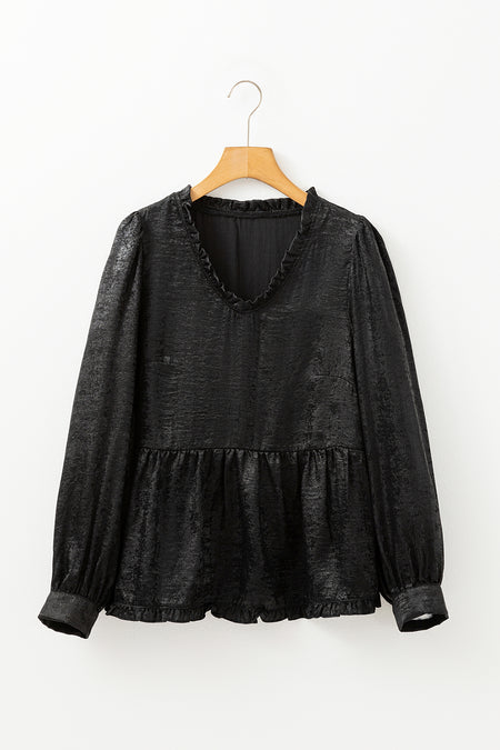 Metallic Frilled V Neck Puff Sleeve Babydoll Blouse