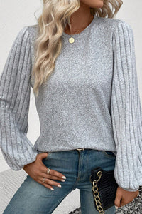 Buttoned V Neck Ribbed Puff Sleeve Top