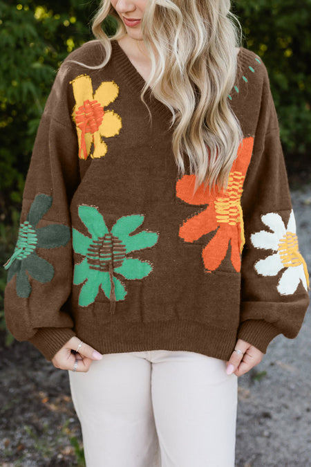 Flower Pattern V Neck Drop Shoulder Sweater