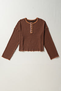 Stripe Textured Frilly Trim Buttons Henley Long Sleeve Top