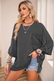 Ribbed Roll-tab Sleeve Chest Pocket Oversize Top