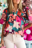 Floral Print Puff Sleeve Notched V Neck Blouse
