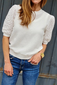 Broderie Anglaise Puff Sleeve Waffle Knit Tee