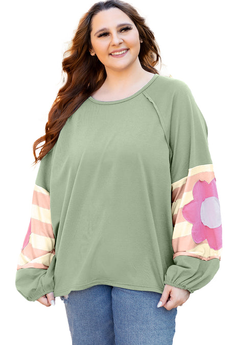 Flower Patchwork Raglan Sleeve Exposed Seam Oversized Top