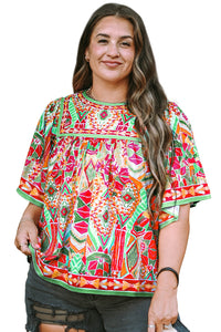 Fashion Printed Wide Sleeve Plus Size Blouse