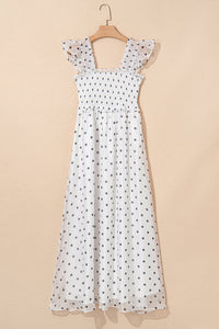 Polka Dot Flutter Sleeve Square Neck Smocked Maxi Dress