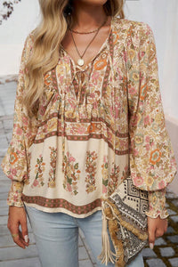 Floral Print Tie Neck Lantern Sleeve Blouse