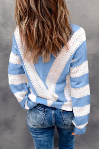 Striped Colorblock V Neck Knitted Sweater