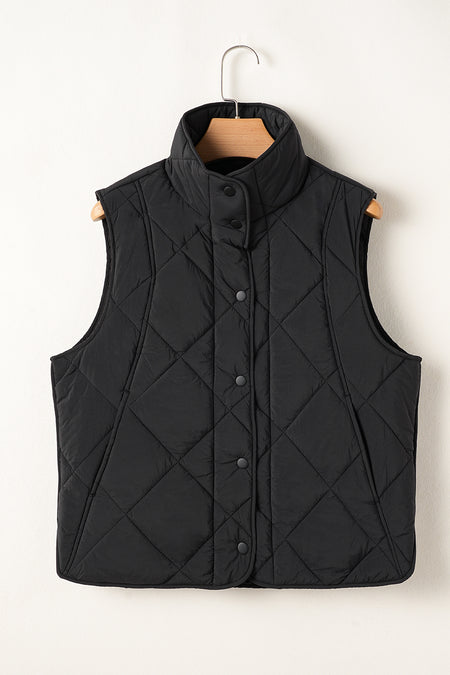 Quilted High Neck Button Up Pocket Vest Coat