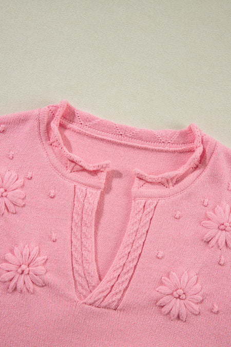 Flower Knitted Notched Neck Sweater