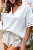 Crinkled Lace Splicing Sleeve Collared V Neck Blouse