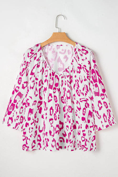 Leopard Print Ruched V Neck 3/4 Sleeve Blouse