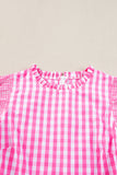 Rose Red Checkered Ruffled Sleeve Frilled Neck Blouse