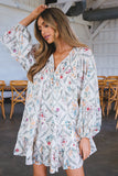 White Tassel Tie Split Neck Boho Floral Ruffle Dress