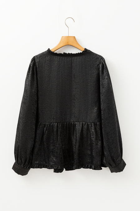 Metallic Frilled V Neck Puff Sleeve Babydoll Blouse