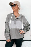 Gray Waffle Printed Patchwork Drawstring Hooded Long Sleeve Top