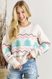 Christmas Tree Ribbed Trim Drop Shoulder Sweater