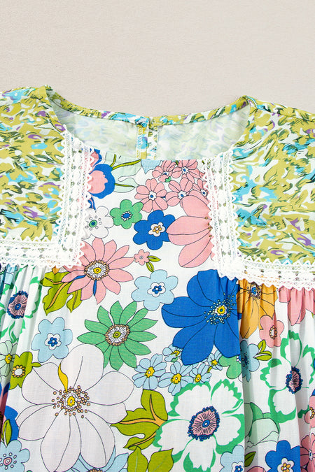 Bubble Sleeve Lace Trim Floral Mixed Print Blouse