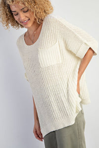 Rolled Cuffs Loose Knit Tee with Slits
