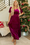 Velvet Short Sleeve Shirred Waist Tiered Maxi Dress