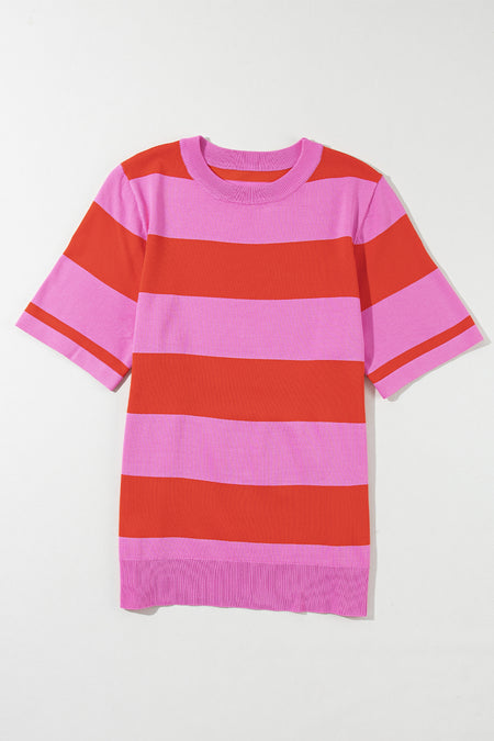 Bright Pink Colorblock Striped Knitted T shirt