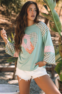 Plaid Floral Peace Heart Graphic Wide Long Sleeve Top