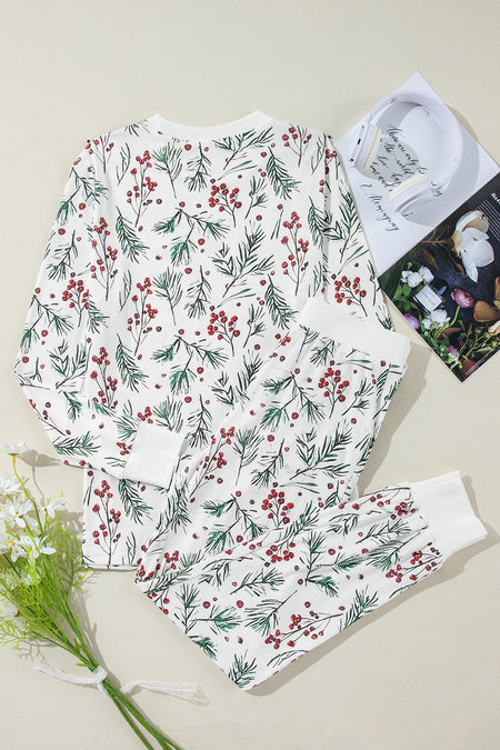 Holly Print Thermal Pullover PJ Set