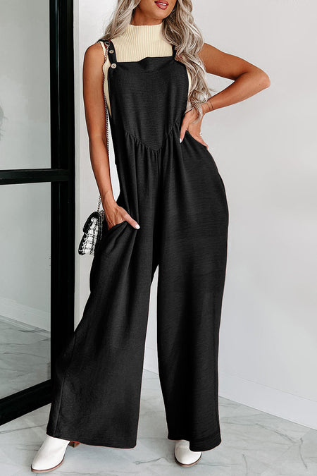 Textured Buttoned Straps Ruched Wide Leg Jumpsuit