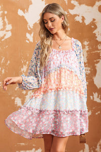 Floral Colorblock Tiered Puff Sleeve Dress