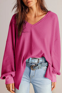 V Neck Long Sleeve Drop Shoulder Loose Blouse