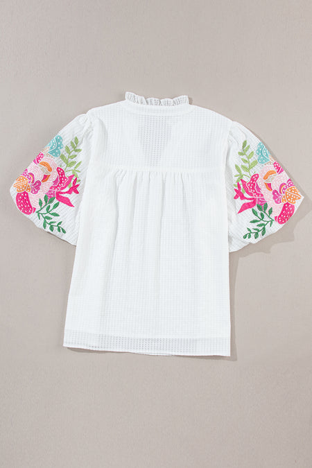 White Floral Embroidered Puff Sleeve Notched Neck Blouse
