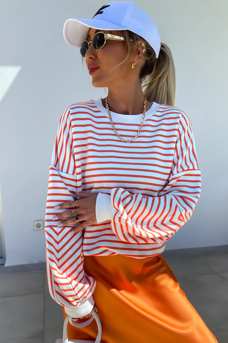 Stripe Drop Shoulder Crew Neck Loose Sweatshirt