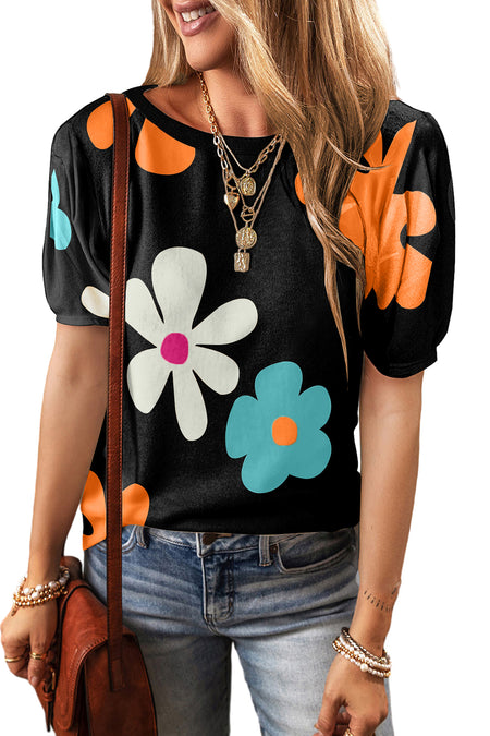 Apricot Flower Print Bubble Sleeve Tee