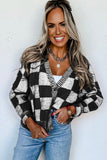 Checkered Drop Shoulder Buttoned V Neck Cardigan