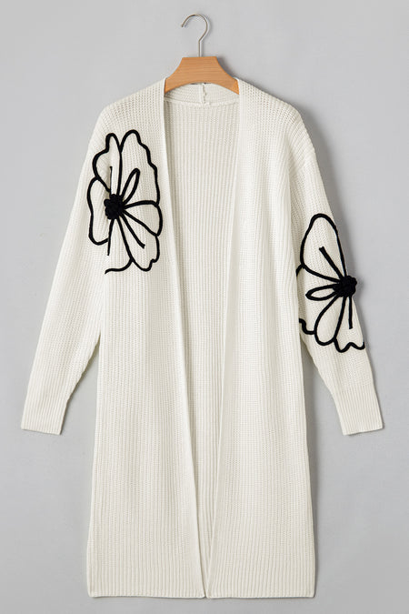 Flower Embroidered Drop Shoulder Open Front Duster Cardigan