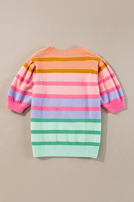 Colorful Stripe Bubble Short Sleeve Sweater