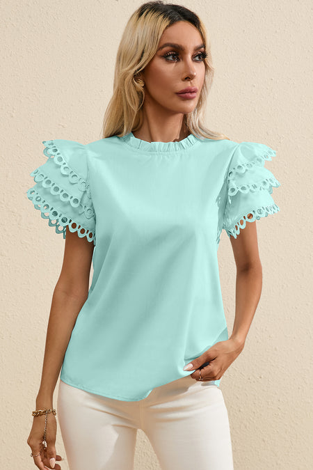 Layered Ric Rac Cap Sleeve Filled Neck Blouse