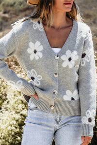 Floral Print V Neck Knitted Button up Cardigan