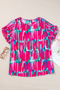 Rose Plus Size Abstract Print Ruffled Petal Sleeve Blouse