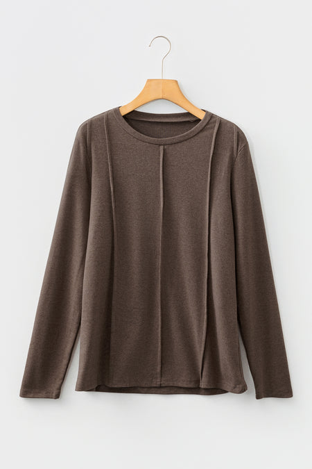 Solid Exposed Seam Crew Neck Long Sleeve Top