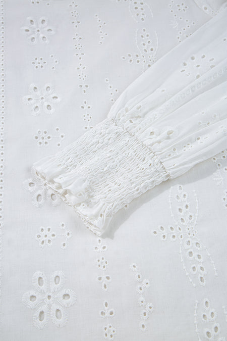 Eyelet Smocked Cuff Sheer Blouse