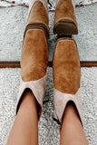 Two Tone Faux Suede Square Toe Chunky Heel Boots